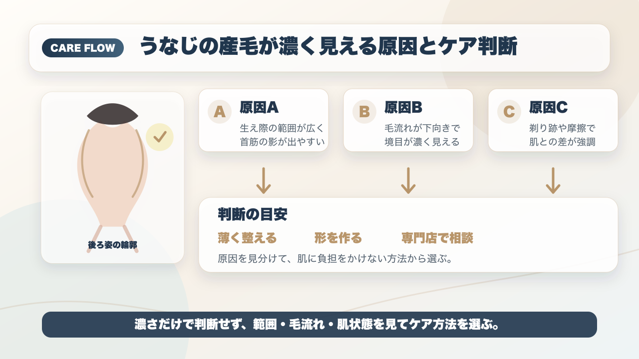 うなじの産毛が濃く見える原因とケア判断を整理した図解