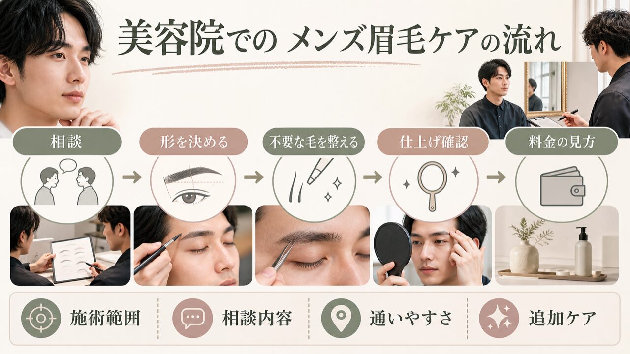 美容院でのメンズ眉毛ケア、一般的な施術の流れと気になる料金の目安の図解