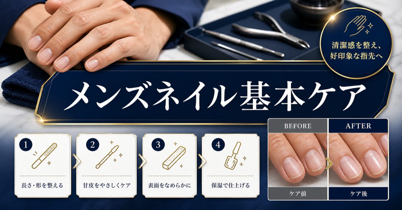 飾るのではなく、「整える」。メンズネイルの真髄は「基本ケア」にあり！指先から始める、洗練と自信を手に入れる究極の嗜み方を渋谷メンズ美容サロンオーナーが徹底解説【2025年最新版】のアイキャッチ