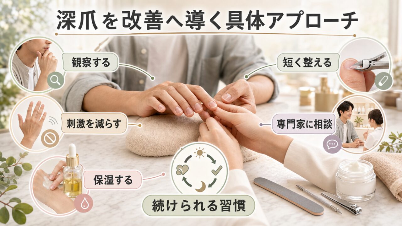 深爪を改善へ導くための具体的なアプローチの図解