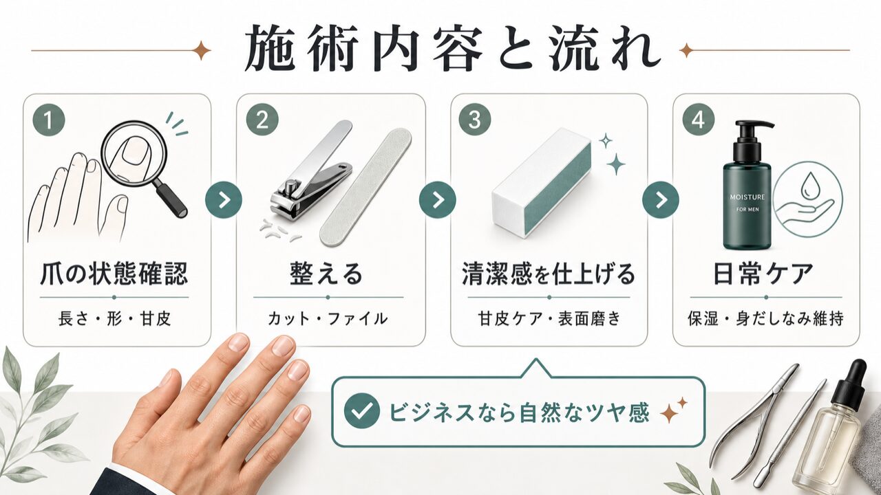メンズネイルケアの具体的な施術内容と流れの要点を整理した図解