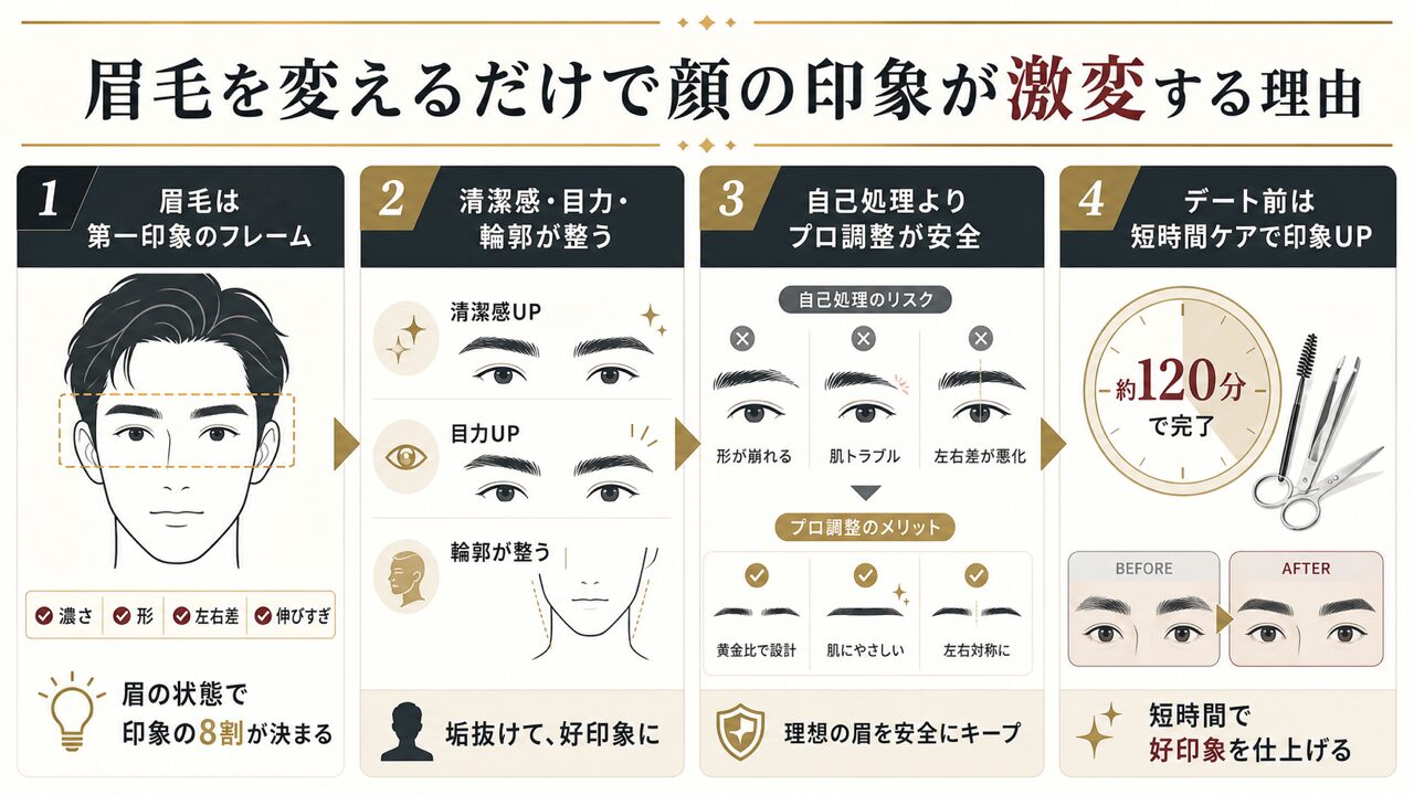 眉毛を変えるだけで顔の印象が激変する理由の要点を整理した図解