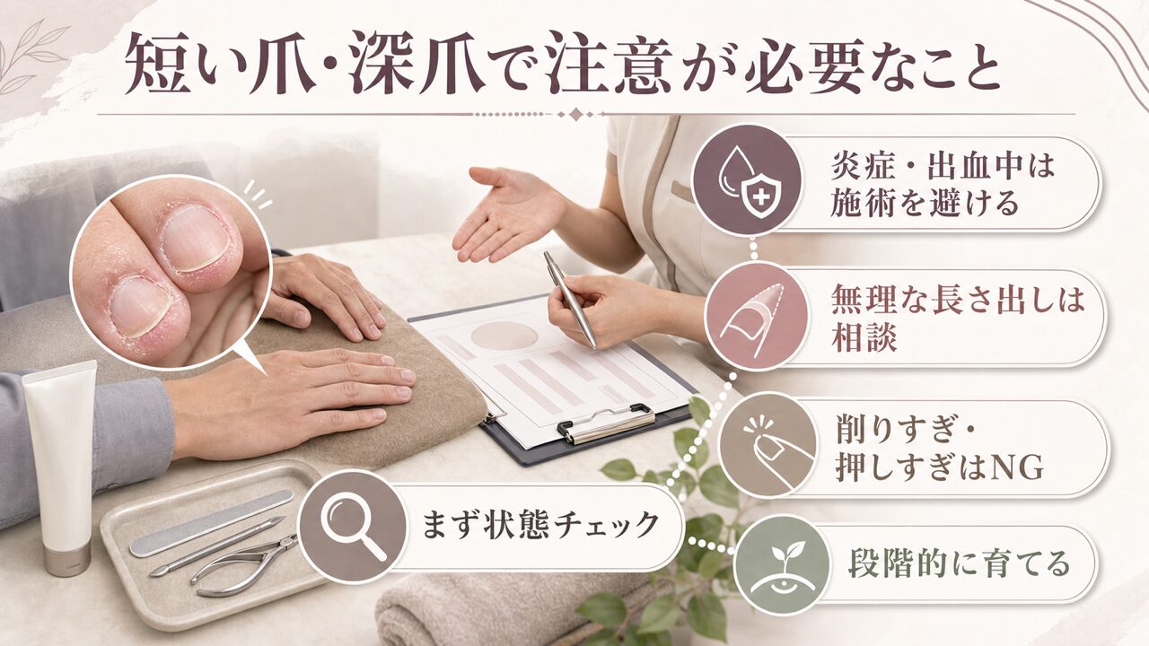 メンズネイルサロンで「できないこと」または「注意が必要なこと」~短い爪・深爪の場合~の図解
