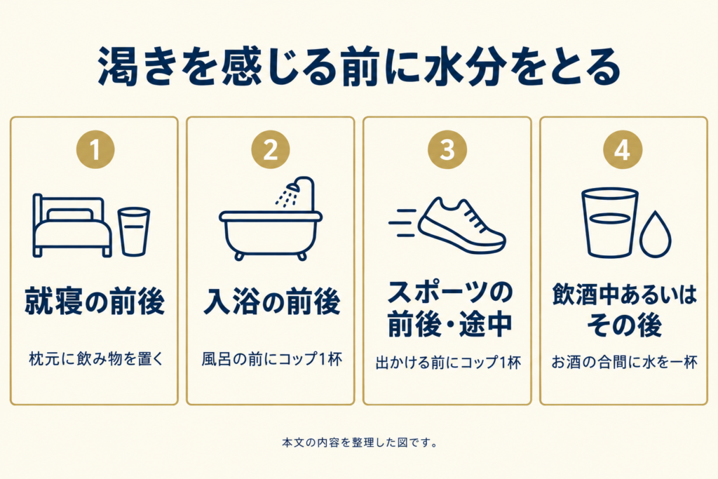 水分が不足しやすい場面として、就寝・入浴・スポーツ・飲酒の前後を4枚のカードで整理した図。