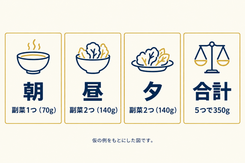 野菜350gを副菜5つに分け、朝1つ・昼2つ・夕2つに振り分けた仮の例の図。
